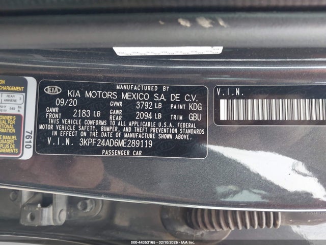 2021 Kia Forte Lxs მანქანა იყიდება აუქციონზე, vin: 3KPF24AD6ME289119, აუქციონის ნომერი: 44353165
