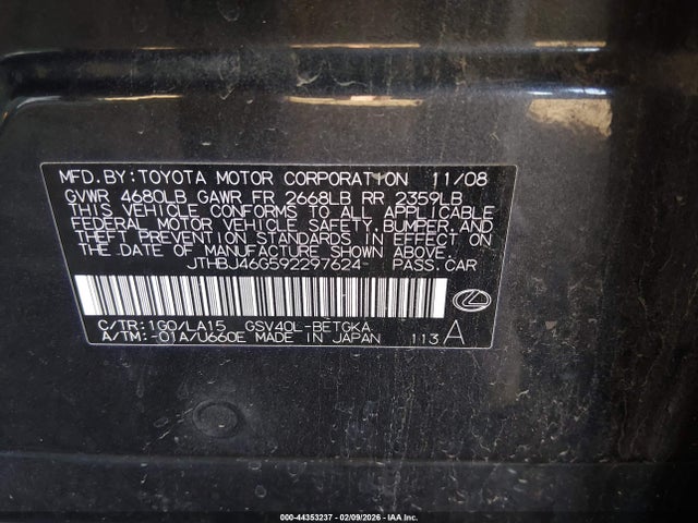 44353237 :رقم المزاد ، JTHBJ46G592297624 vin ، 2009 Lexus Es 350 مزاد بيع