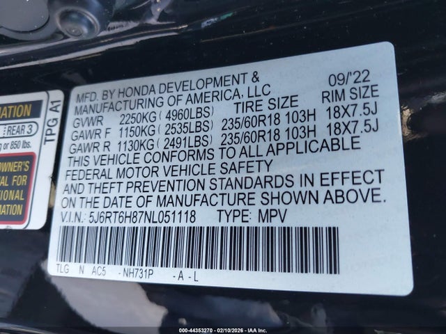 5J6RT6H87NL051118 Honda Cr-v Hybrid Ex-l
