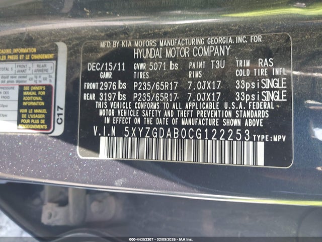 Aukcja sprzedaży 2012 Hyundai Santa Fe Gls, vin: 5XYZGDAB0CG122253, numer aukcji: 44353307