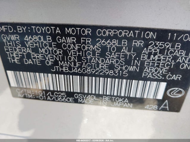 2009 LEXUS ES 350 JTHBJ46G892298315 Photo 8
