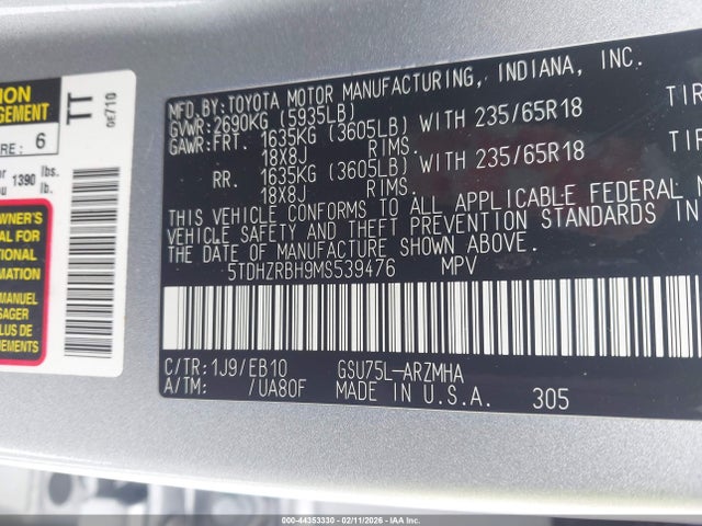 2021 TOYOTA HIGHLANDER 5TDHZRBH9MS539476 Photo 8