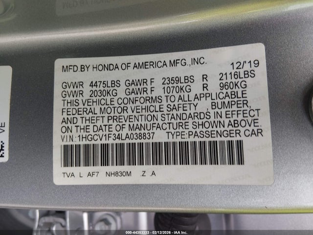 Aukcja sprzedaży 2020 Honda Accord Sport, vin: 1HGCV1F34LA038837, numer aukcji: 44353333