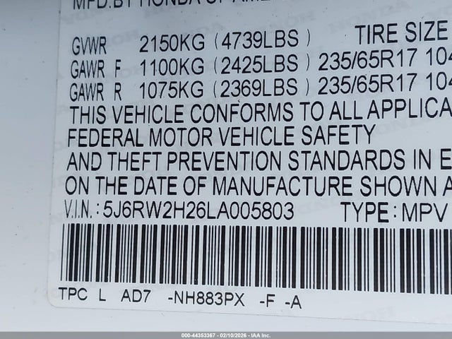 5J6RW2H26LA005803 Honda Cr-v Awd Lx