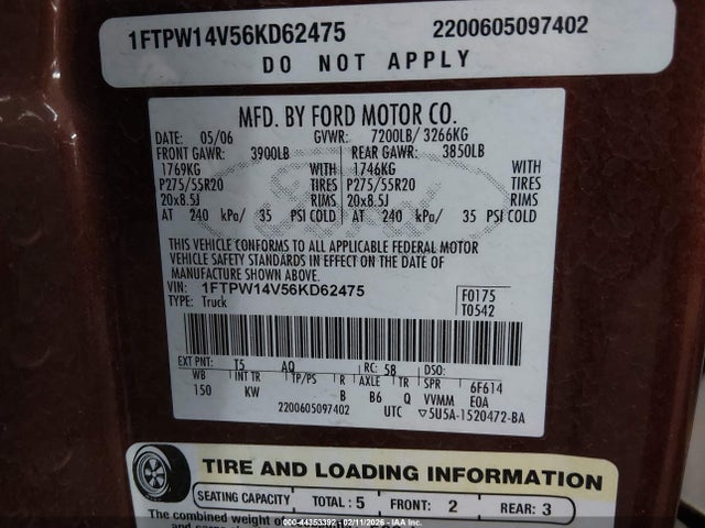 Aukcja sprzedaży 2006 Ford F-150 Fx4/lariat/xlt, vin: 1FTPW14V56KD62475, numer aukcji: 44353392