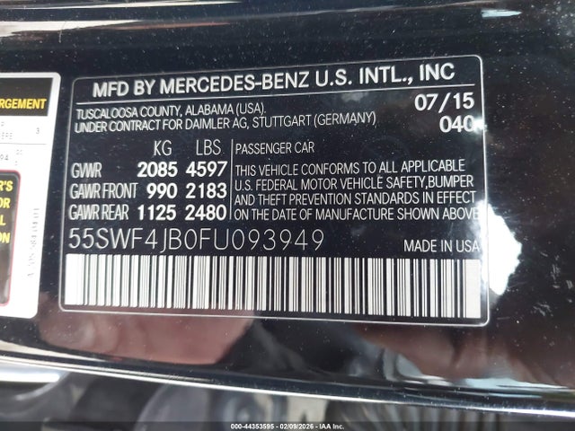 2015 Mercedes-benz C 300 მანქანა იყიდება აუქციონზე, vin: 55SWF4JB0FU093949, აუქციონის ნომერი: 44353595