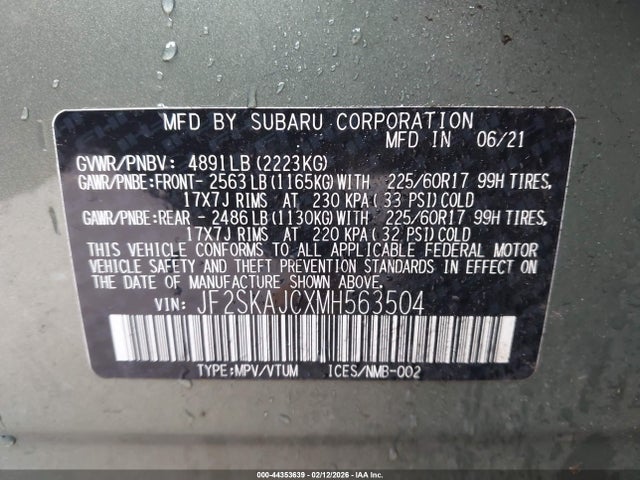 JF2SKAJCXMH563504 Subaru Forester Premium