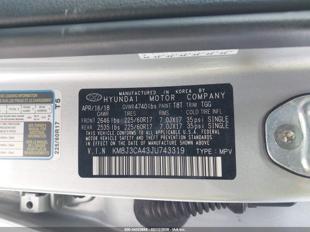 KM8J3CA43JU743319 Hyundai TUCSON SEL