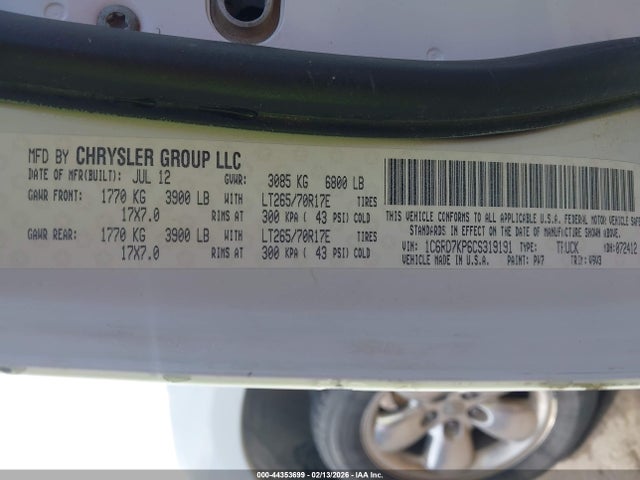 44353699 :رقم المزاد ، 1C6RD7KP6CS319191 vin ، 2012 Ram 1500 St مزاد بيع