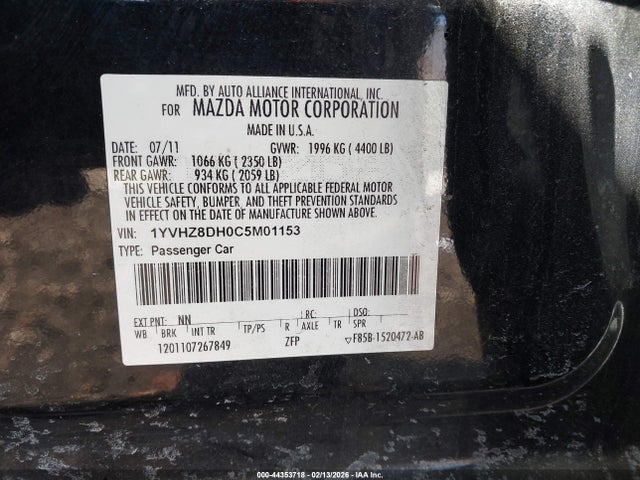 Aukcja sprzedaży 2012 Mazda Mazda6 I Touring, vin: 1YVHZ8DH0C5M01153, numer aukcji: 44353718