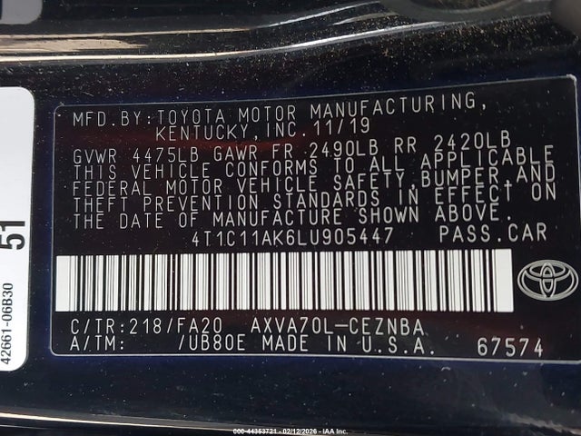 4T1C11AK6LU905447 Toyota CAMRY LE