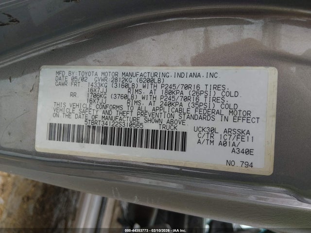 2002 TOYOTA TUNDRA 5TBRT34122S310565 Photo 8