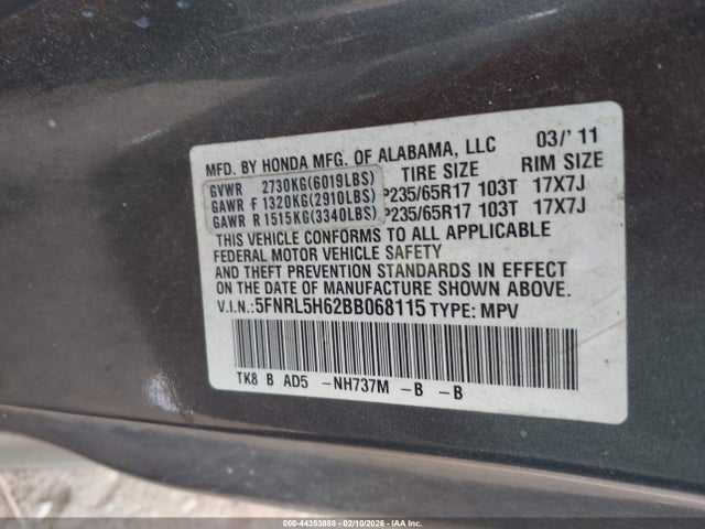 2011 HONDA ODYSSEY 5FNRL5H62BB068115 Photo 8