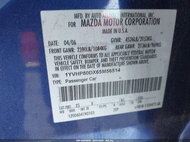 Aukcja sprzedaży 2006 Mazda Mazda6 S, vin: 1YVHP80DX65M56514, numer aukcji: 44353905