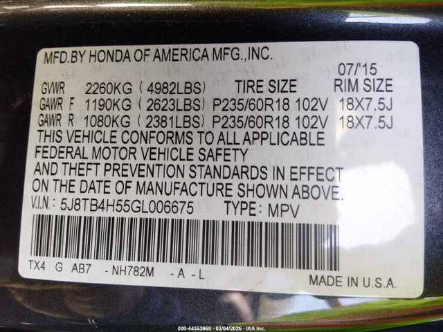 44353968 :رقم المزاد ، 5J8TB4H55GL006675 vin ، 2016 Acura Rdx مزاد بيع