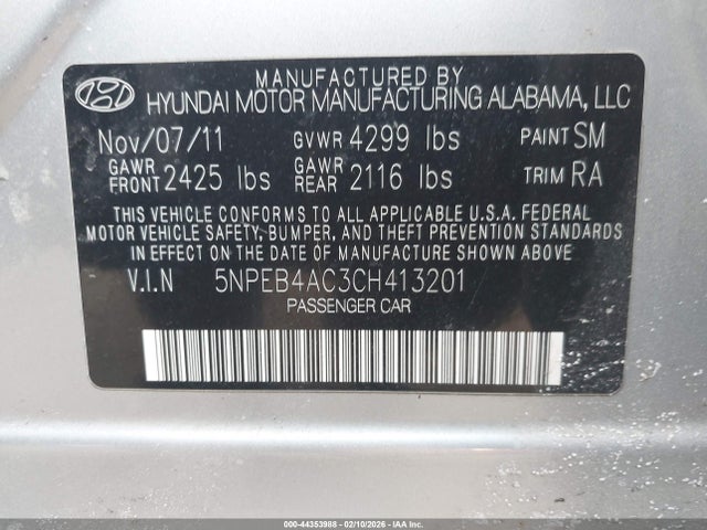 2012 Hyundai Sonata Gls მანქანა იყიდება აუქციონზე, vin: 5NPEB4AC3CH413201, აუქციონის ნომერი: 44353988
