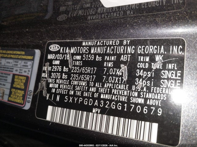 5XYPGDA32GG170679 KIA Sorento 2.4l Lx