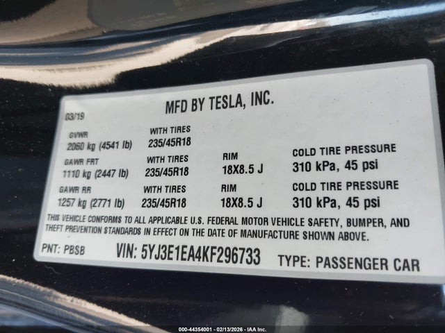 44354001 :رقم المزاد ، 5YJ3E1EA4KF296733 vin ، 2019 Tesla Model 3 Long Range/mid Range/standard Range/standard Range Plus مزاد بيع