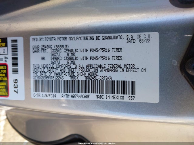 3TYSX5EN9NT012243 Toyota Tacoma Sr5