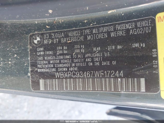 Aukcja sprzedaży 2007 Bmw X3 3.0si, vin: WBXPC93467WF17244, numer aukcji: 44354174
