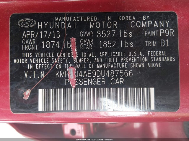44354208 :رقم المزاد ، KMHCU4AE9DU487566 vin ، 2013 Hyundai Accent Gls مزاد بيع