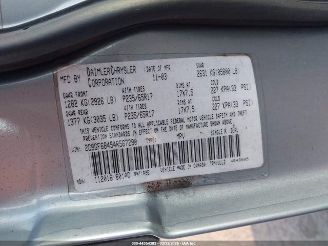 Продажа на аукционе авто 2004 Chrysler Pacifica, vin: 2C8GF68454R567290, номер лота: 44354383