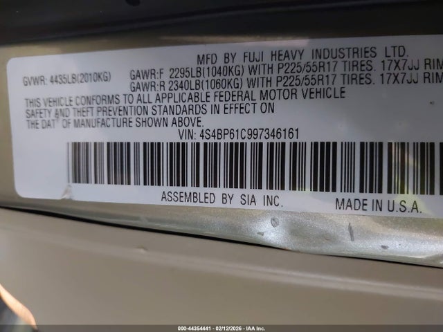 44354441 :رقم المزاد ، 4S4BP61C997346161 vin ، 2009 Subaru Outback 2.5i مزاد بيع