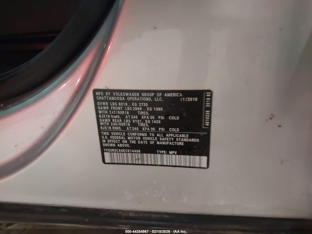 44354567 :رقم المزاد ، 1V2UR2CA0KC514406 vin ، 2019 Volkswagen Atlas 3.6l V6 Se W/technology مزاد بيع