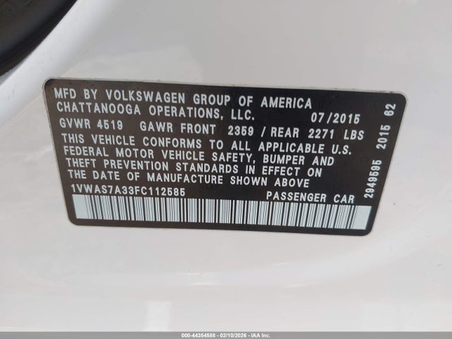 Продажа на аукционе авто 2015 Volkswagen Passat 1.8t Limited Edition, vin: 1VWAS7A33FC112585, номер лота: 44354588
