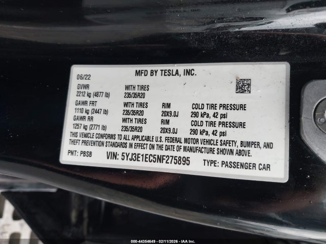 Продажа на аукционе авто 2022 Tesla Model 3 Performance Dual Motor All-wheel Drive, vin: 5YJ3E1EC5NF275895, номер лота: 44354649