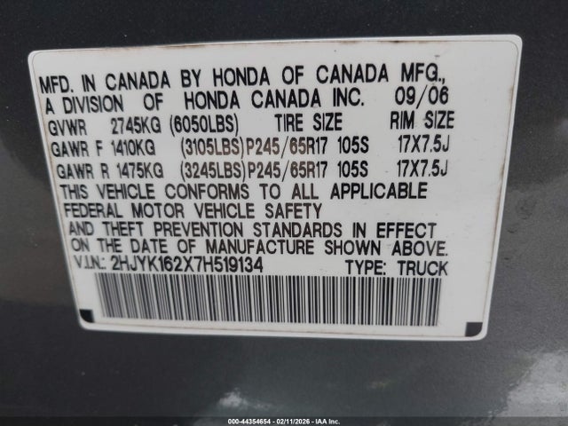 44354654 :رقم المزاد ، 2HJYK162X7H519134 vin ، 2007 Honda Ridgeline Rt مزاد بيع
