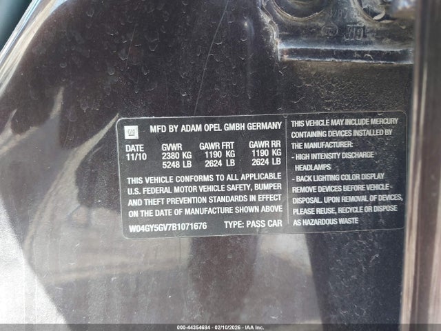2011 Buick Regal Cxl Turbo Russelsheim მანქანა იყიდება აუქციონზე, vin: W04GY5GV7B1071676, აუქციონის ნომერი: 44354684