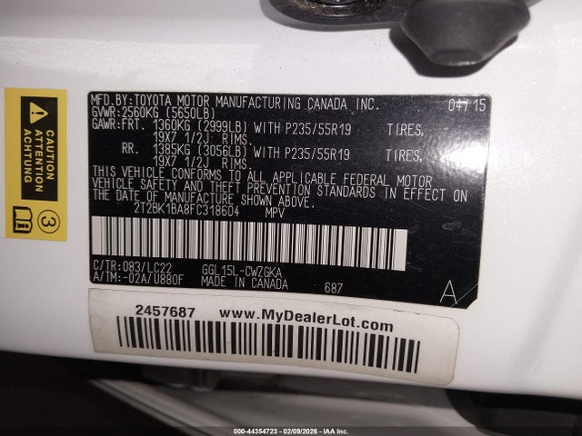 44354723 :رقم المزاد ، 2T2BK1BA8FC318604 vin ، 2015 Lexus Rx 350 F Sport مزاد بيع