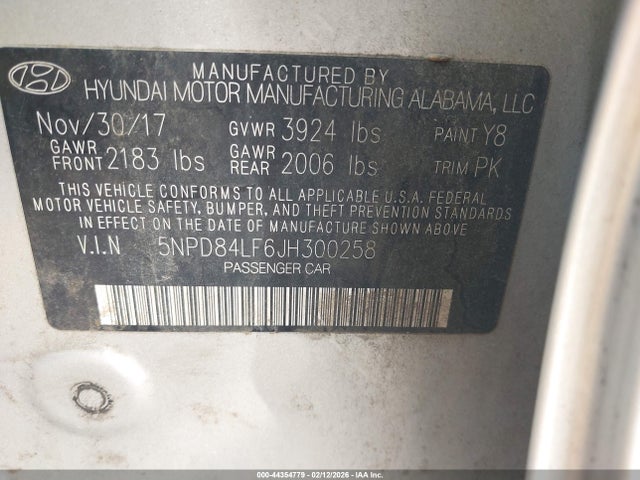 5NPD84LF6JH300258 Hyundai ELANTRA SEL
