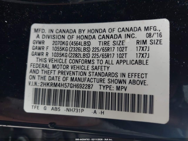 Продаж на аукціоні авто 2016 Honda Cr-v Ex, vin: 2HKRM4H57GH692287, номер лоту: 44354783