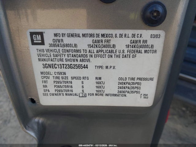 Aukcja sprzedaży 2003 Chevrolet Avalanche 1500, vin: 3GNEC13T23G256544, numer aukcji: 44354791