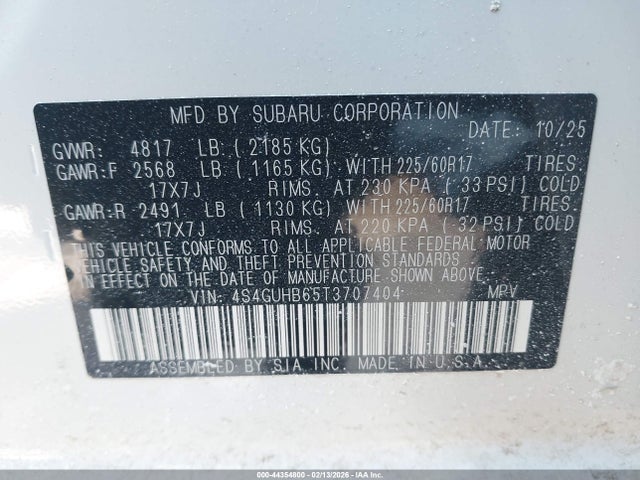 Aukcja sprzedaży 2026 Subaru Crosstrek, vin: 4S4GUHB65T3707404, numer aukcji: 44354800