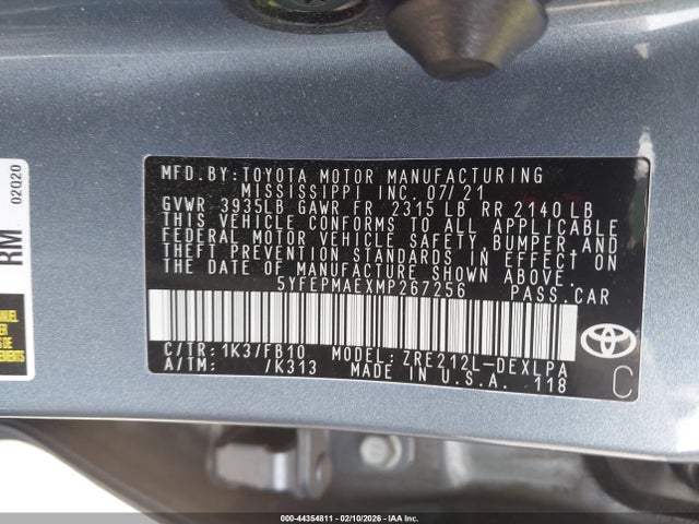 2021 Toyota Corolla Le მანქანა იყიდება აუქციონზე, vin: 5YFEPMAEXMP267256, აუქციონის ნომერი: 44354811