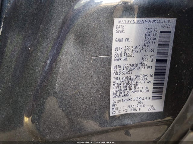 Продаж на аукціоні авто 2022 Infiniti Qx60 Autograph, vin: 5N1DL1HT4NC339455, номер лоту: 44354816