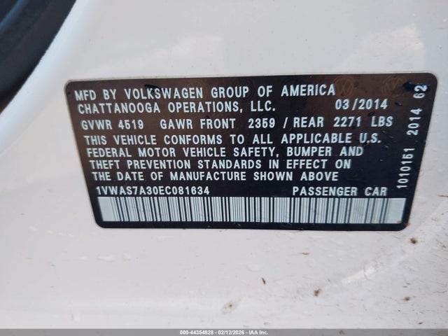Продаж на аукціоні авто 2014 Volkswagen Passat 1.8t S, vin: 1VWAS7A30EC081634, номер лоту: 44354828