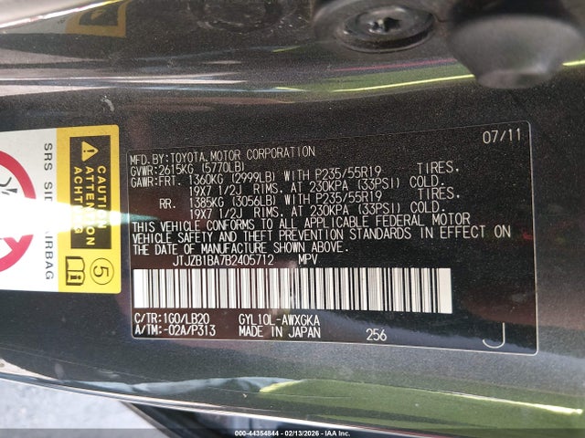 44354844 :رقم المزاد ، JTJZB1BA7B2405712 vin ، 2011 Lexus Rx 450h مزاد بيع