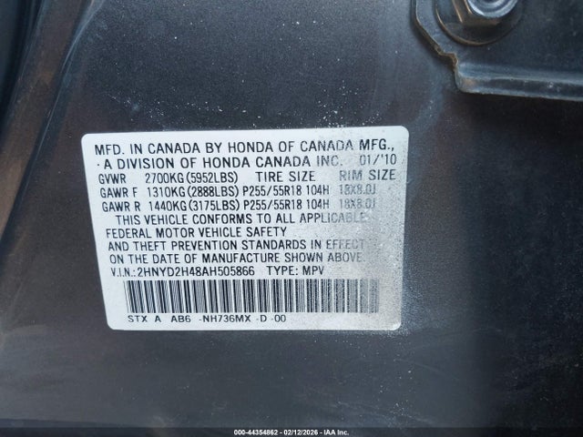 44354862 :رقم المزاد ، 2HNYD2H48AH505866 vin ، 2010 Acura Mdx Technology Package مزاد بيع