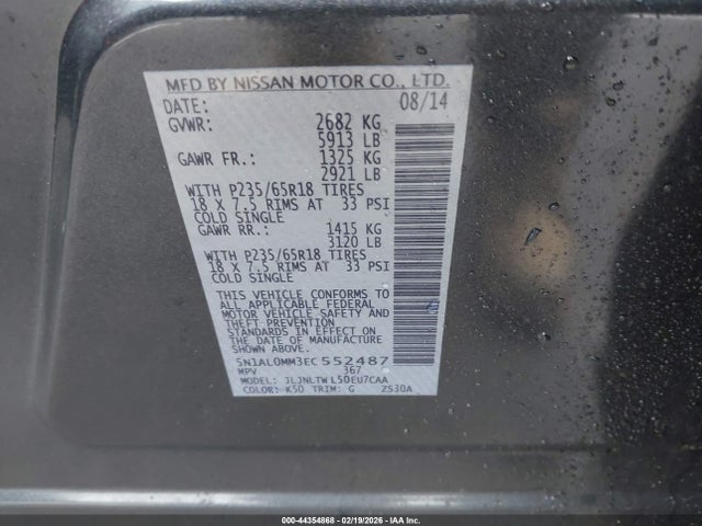 Aukcja sprzedaży 2014 Infiniti Qx60, vin: 5N1AL0MM3EC552487, numer aukcji: 44354868