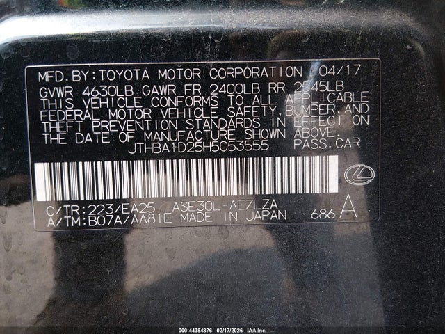 Продаж на аукціоні авто 2017 Lexus Is 200t, vin: JTHBA1D25H5053555, номер лоту: 44354876