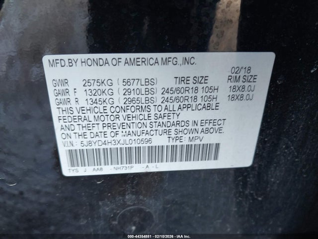 2018 Acura Mdx მანქანა იყიდება აუქციონზე, vin: 5J8YD4H3XJL010596, აუქციონის ნომერი: 44354881