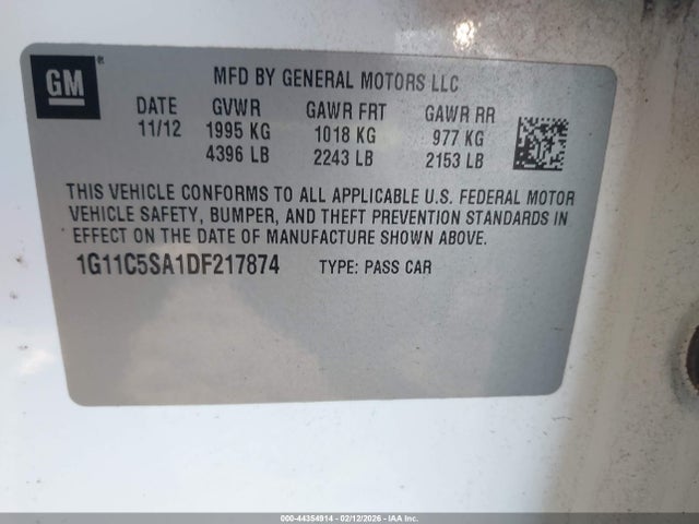2013 Chevrolet Malibu 1lt მანქანა იყიდება აუქციონზე, vin: 1G11C5SA1DF217874, აუქციონის ნომერი: 44354914