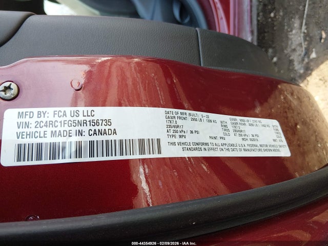 2022 Chrysler Pacifica Touring მანქანა იყიდება აუქციონზე, vin: 2C4RC1FG5NR156735, აუქციონის ნომერი: 44354926
