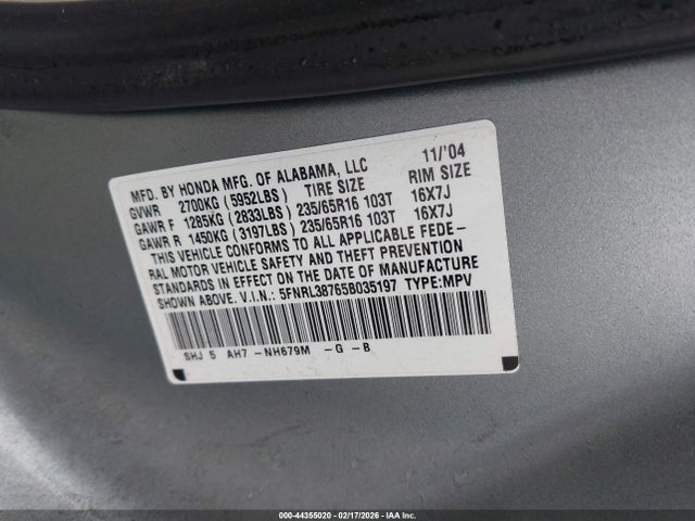 2005 HONDA ODYSSEY 5FNRL38765B035197 Photo 8