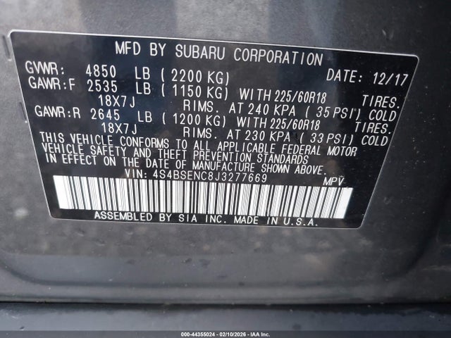 4S4BSENC8J3277669 Subaru Outback 3.6r Limited