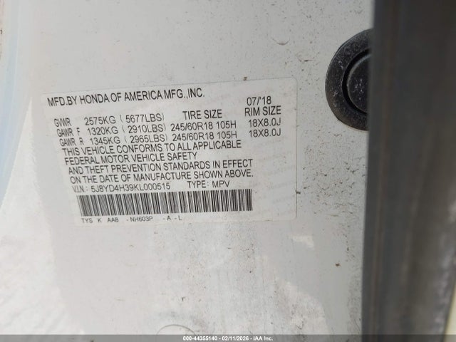 44355140 :رقم المزاد ، 5J8YD4H39KL000515 vin ، 2019 Acura Mdx Standard مزاد بيع